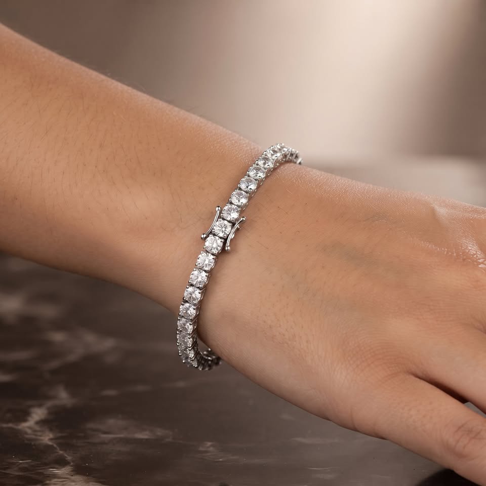 6.38 carat total weight lab-grown diamond tennis bracelet on wrist