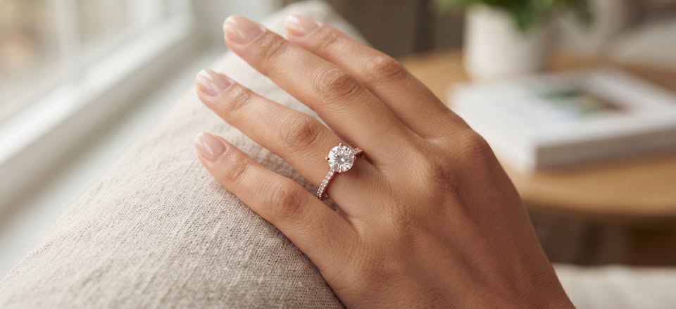 Lab-grown diamond solitaire engagement ring on hand